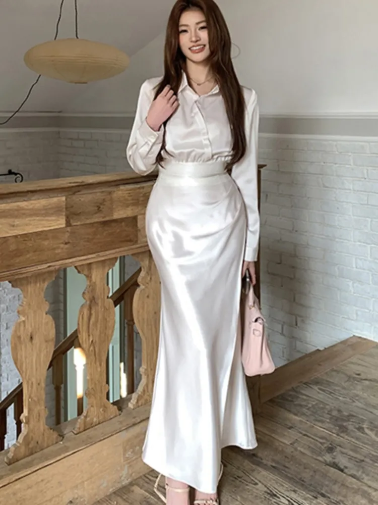 

Autumn Elegant Women's Two Piece Sets Shirt And Fish Tail Skirt Slimming High Waist Office Lady Suit Set Korean Fashion Outfits