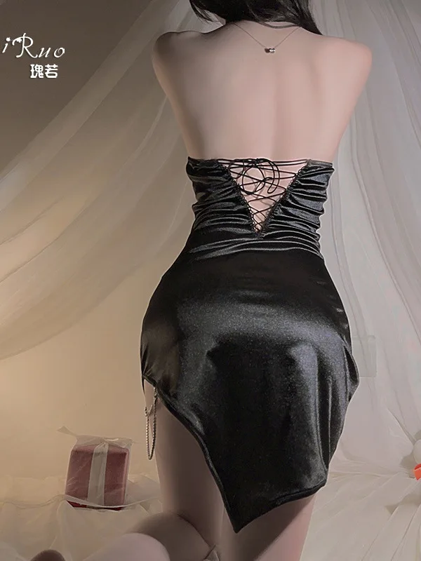 Hanging Sexy Backless Neck Chain Smooth Slim Uniform Dress Elegant Fashion Sexy Korean Women Mini Dress 2024 New Bandage 926W