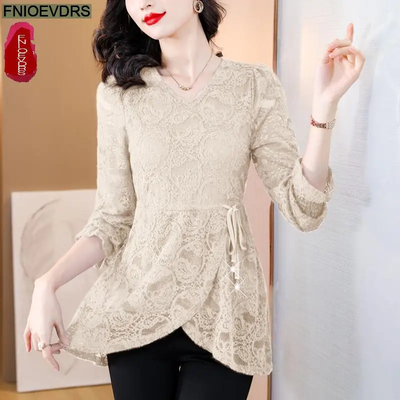 M-4XL Hollow Out Lace Shirts2023 Women European Style Office Lady Drawstring Waist Bow Tie Thick Winter Tunic Peplum Top Blouses