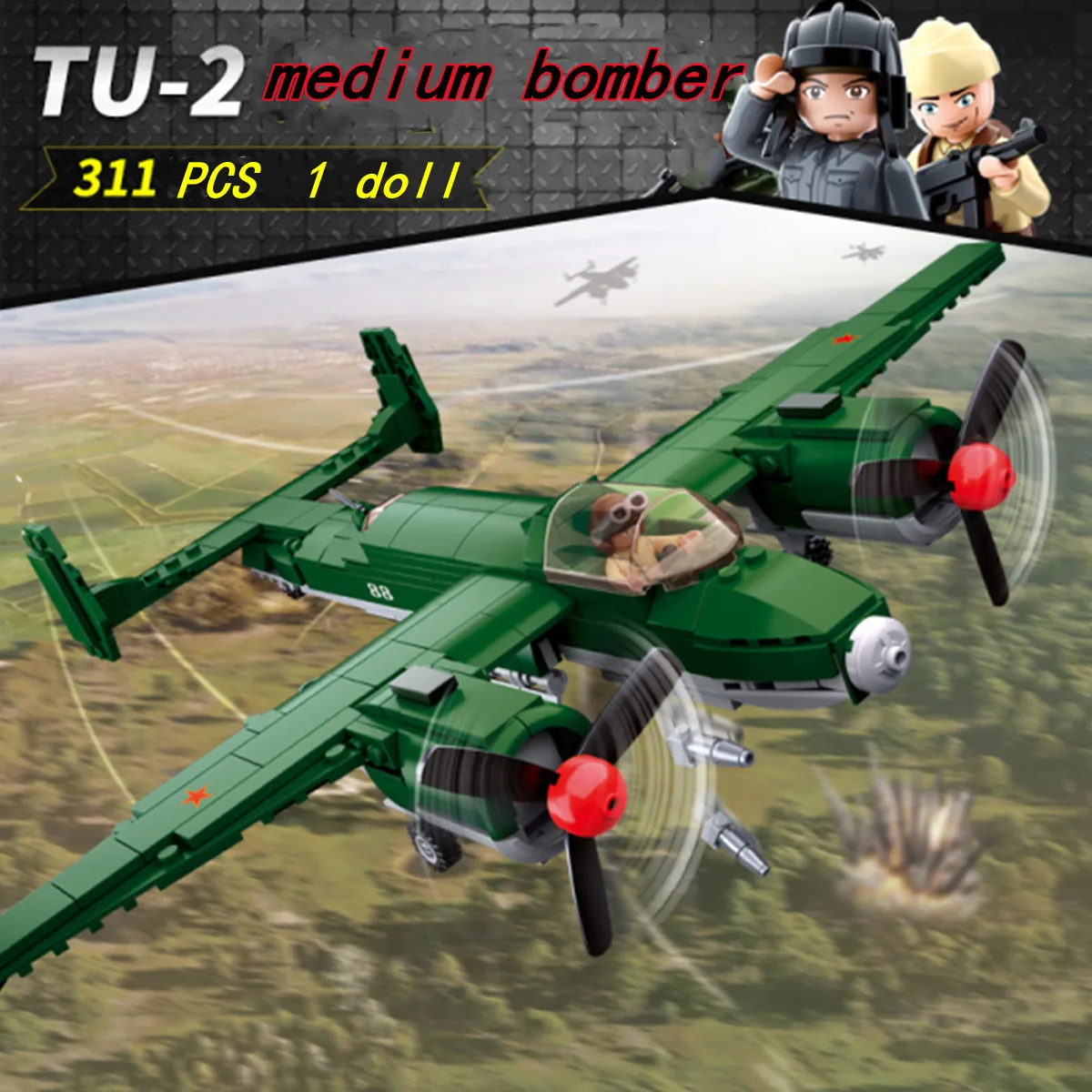 

Sluban Building Block Toys WW2 Army Tupolev TU-2 311PCS Bricks B0688 Military Construction Compatbile With Leading Brands