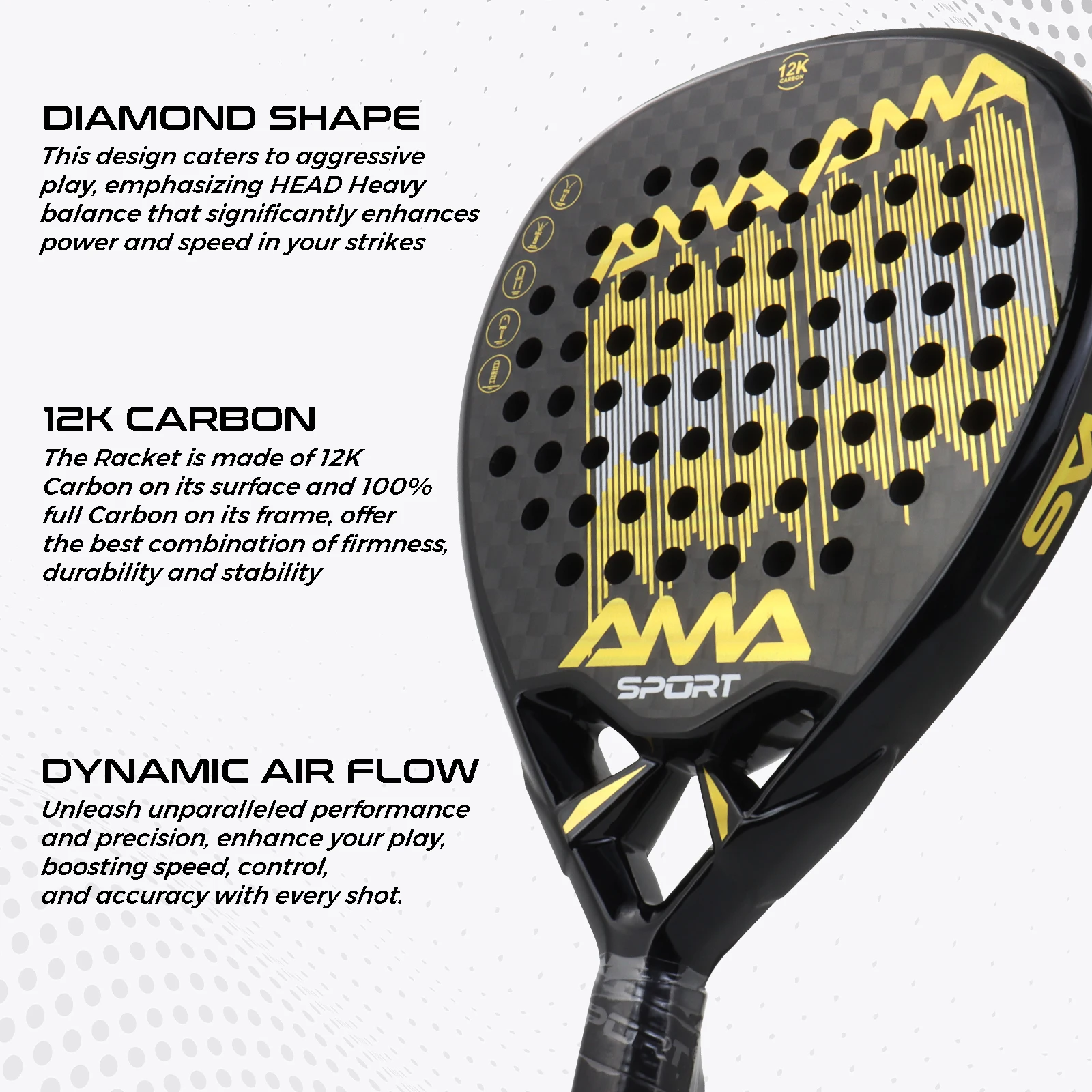 AMA SPORT Padel Racket 12K Carbon Fiber Eva Core Soft Memory High Balance Outdoor Sports Professional Paddle Racquet