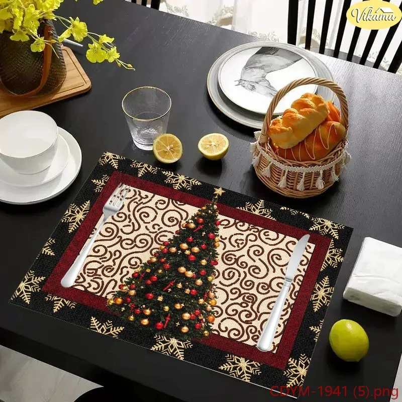 VIKAMA Christmas Placemats, Burgundy Patchwork Xmas Tree Bauble Snowflake Design, Washable Winter Holiday Kitchen Mat