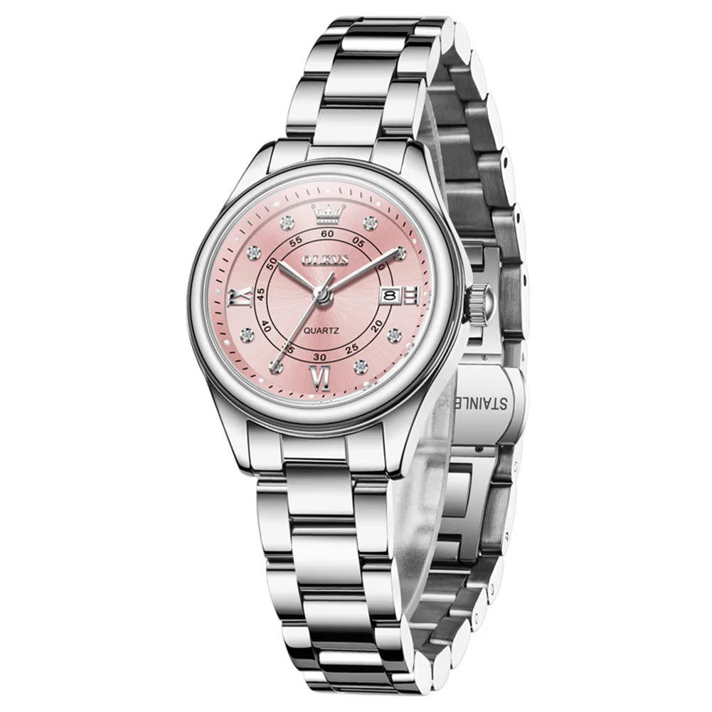OLEVS Women Watch Pink Dial Crystal Diamond Index Date Display Stainless Steel Bracelet Ladies Wristwatch Elegant Female Dress
