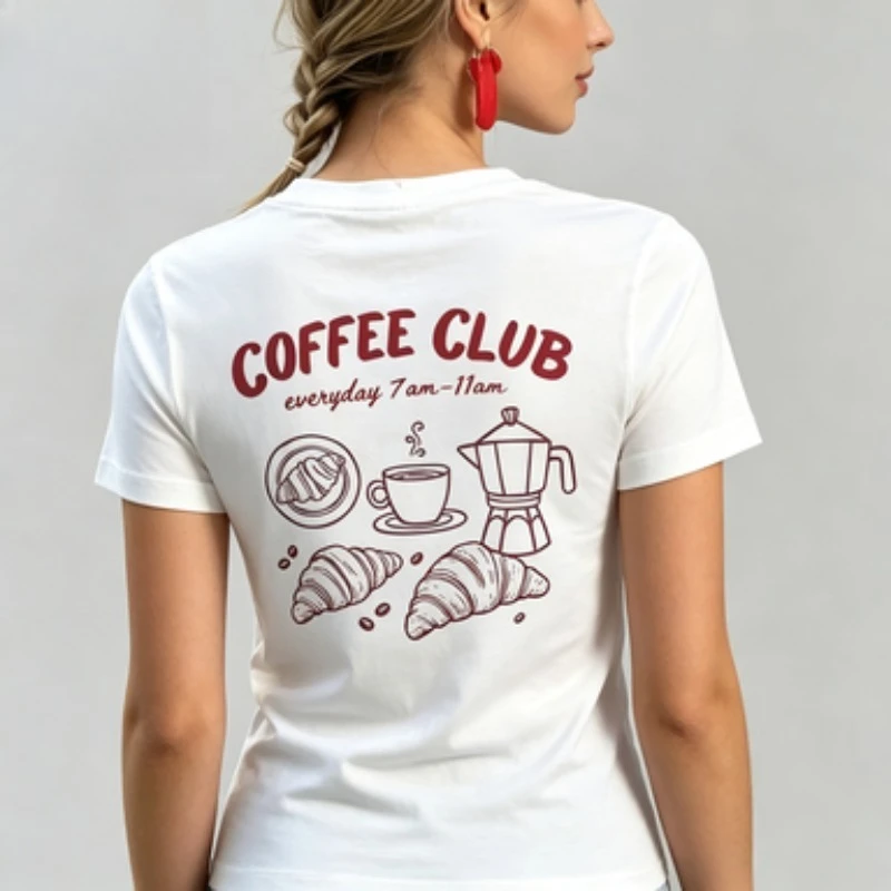 Womens Soft Modal Crew Neck T‑Shirt, Vintage Coffee Club Graphic Tee Croissant Moka Pot Line Drawing Casual Daily Short Sleeve