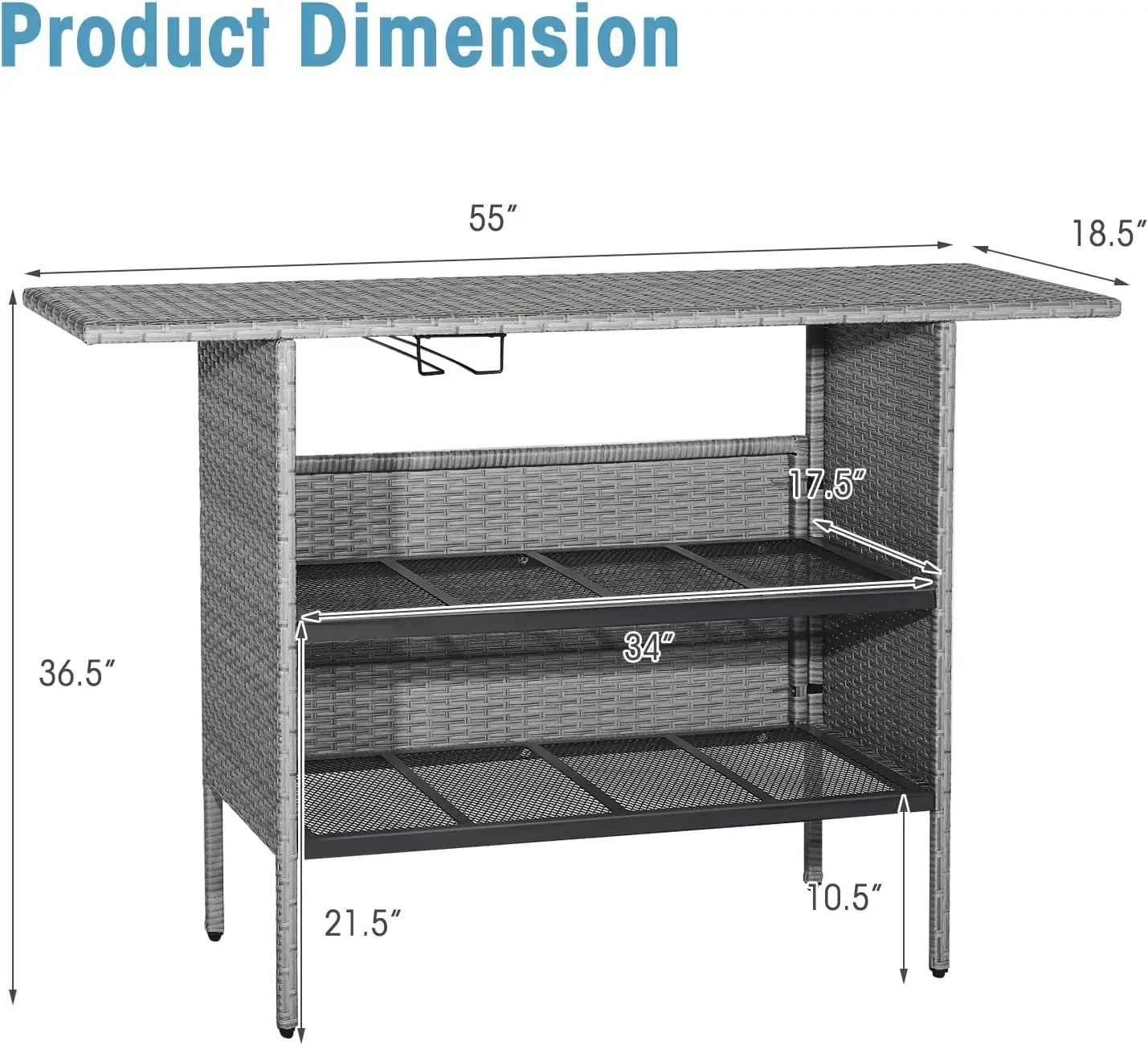 Outdoor Wicker Bar Tabela, All Weather Patio Altura Tabela, 2 Metal Mesh Prateleiras, 2-Rail Aço Stemware Racks, Tabela Rattan