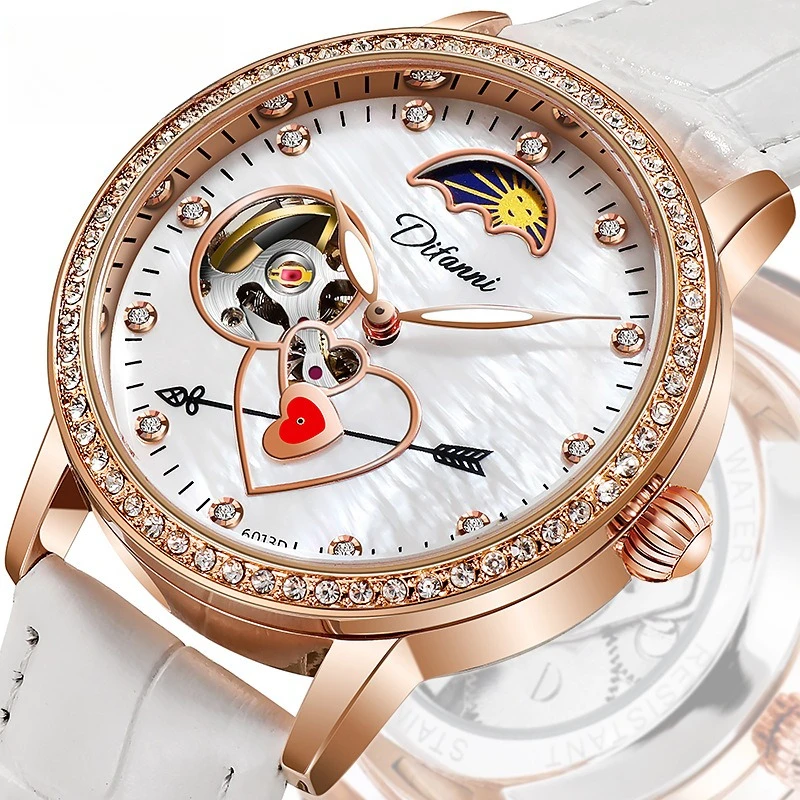 Stainless Steel Sun-Moon-Star Skeleton Tourbillon Luminous Waterproof Self-Wind Automatic Watch for Women
