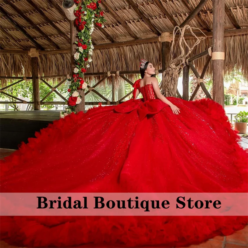 Customized Shiny Red Off Shoulder Quinceanera Dress Tull Tiered ruffle layering Bow vestidos de 15 Quinceanera 16th Ball Gown