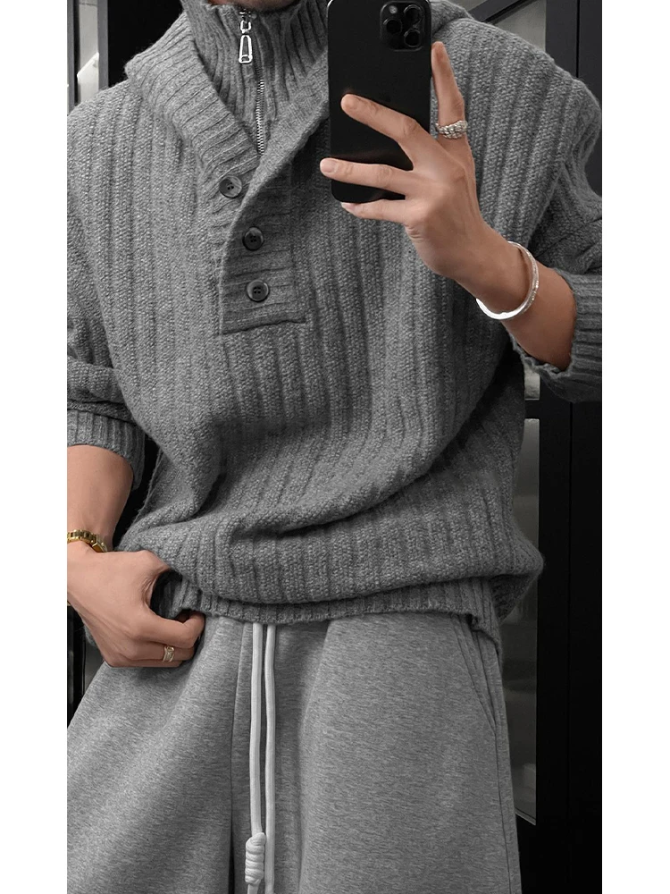 

Корейская ленивая шапка с высоким воротником, мужской вязаный свитер Jaet, искусственный двухсекционный длинный свеч на молнии, молодежная одежда обычного кроя