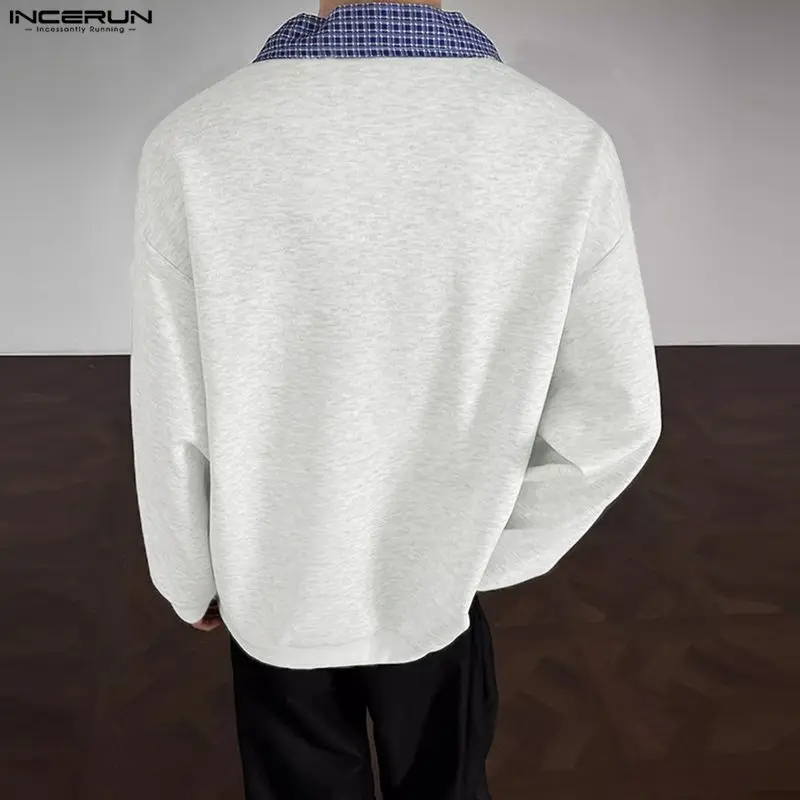 INCERUN Männer Hoodies Plaid Patchwork Revers Langarm Casual Männlichen Sweatshirts Streetwear Lose Koreanischen Stil, Mode Pullover Männer