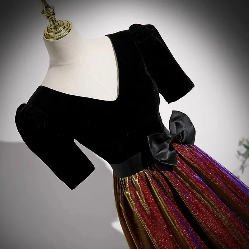 Robe de soirée longue noire pour Banquet, nouveau Style pour femmes, Noble et élégante, amincissante, ensemble haut à manches mi-longues, robe à cravate d'hôte, 2025