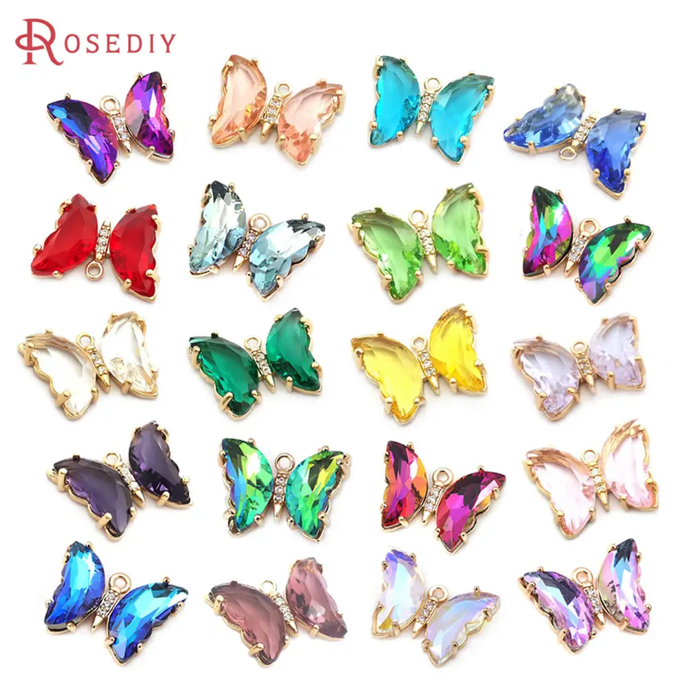 

6PCS 15x20MM 18K Gold Color Brass and Zircon and Glass Butterfly Charms Pendants Jewelry Making High Quality Diy Findings