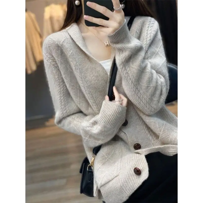 Loose Oversize Retro Rhombic Fried Dough Twists Wool Cardigan Women\'s Thickened Sweater Autumn and Winter 2023 New Knitting Coat