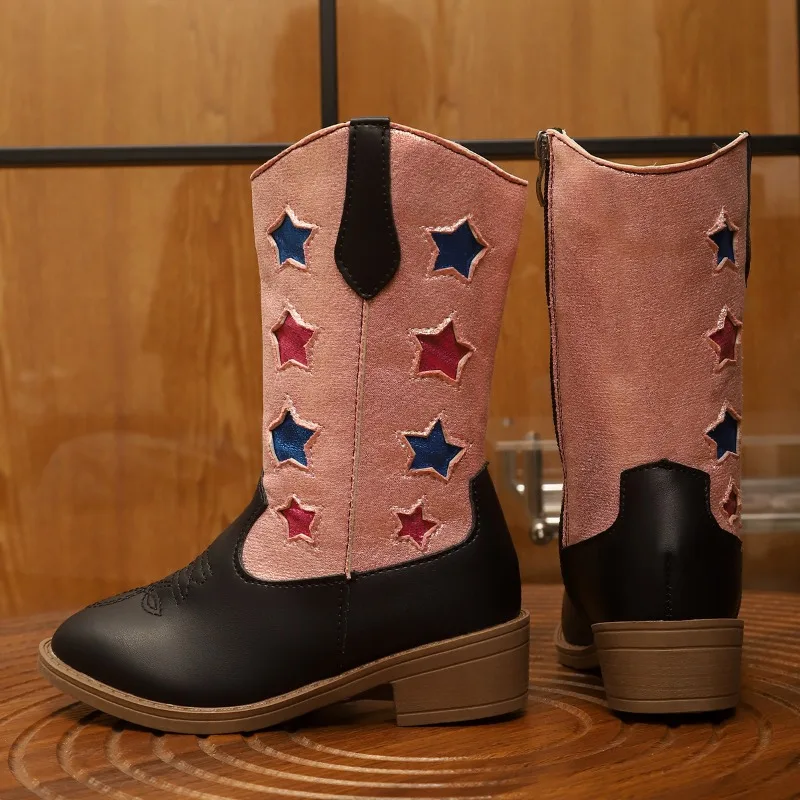 Kinderstiefel bis zur Wadenmitte im Western-Stil, Prinzessinnenstiefel mit bunten Sternenstickereien, Herbst/Winter 2026, Mädchen-Lederstiefel, weich – Detail 5