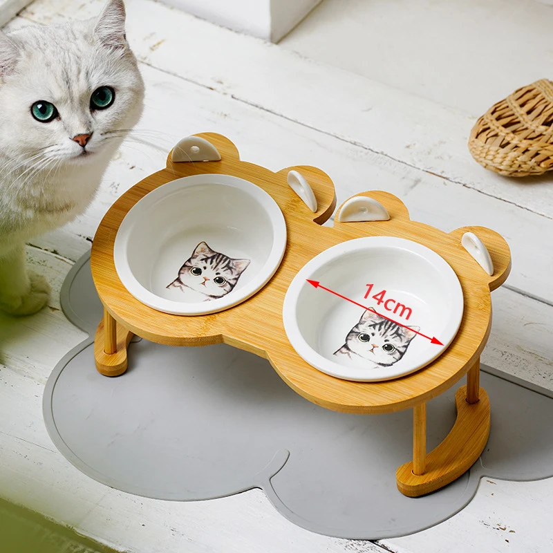 Ceramic Cat Bowl Pet Feeding and Water Bowl Bamboo Elevated Cat Feeder Protective Cervical Spine Food Dishes Pet Supplies