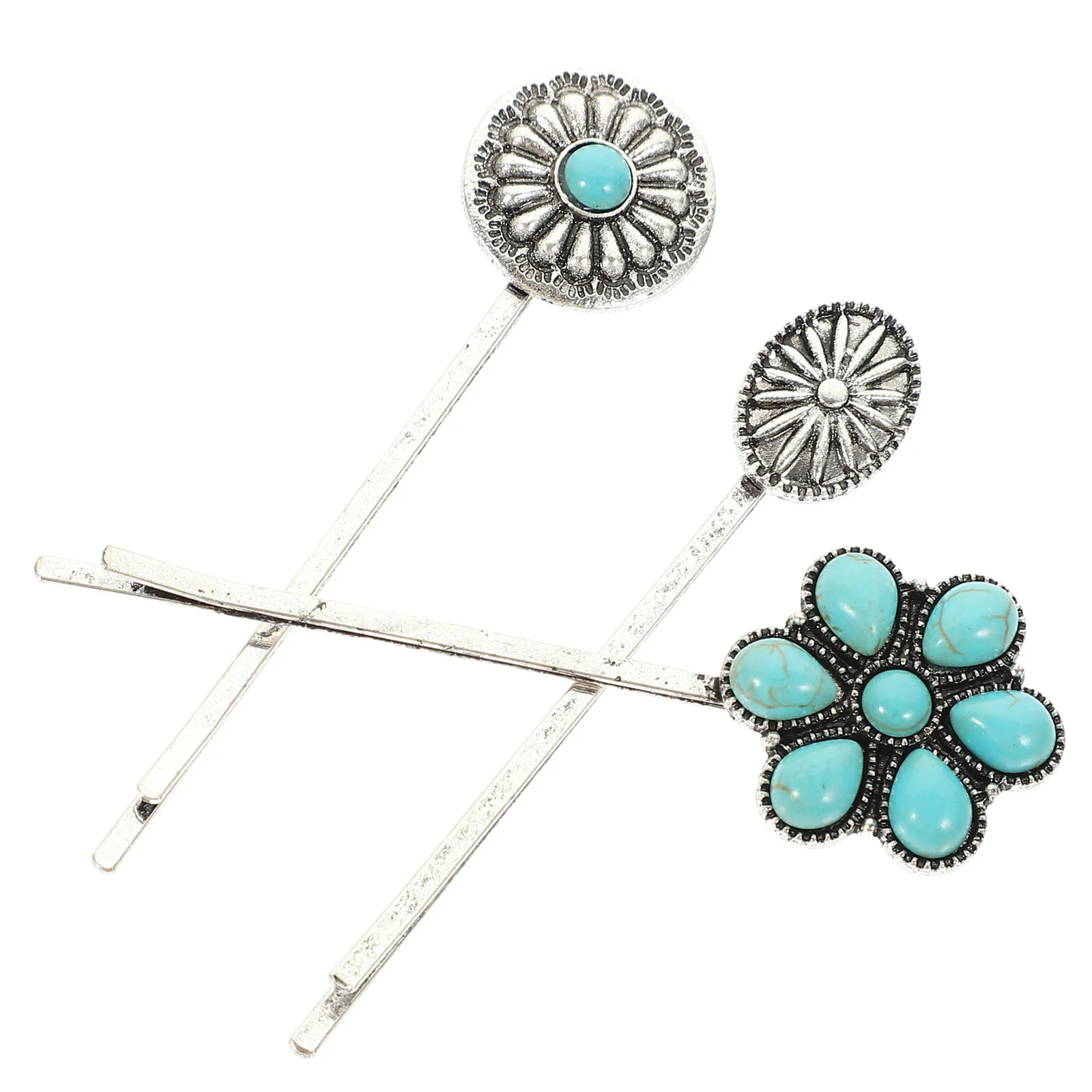 3 Pcs The Flowers Vintage Turquoise Alloy Hair Jewelry Metal Metallic Barrettes