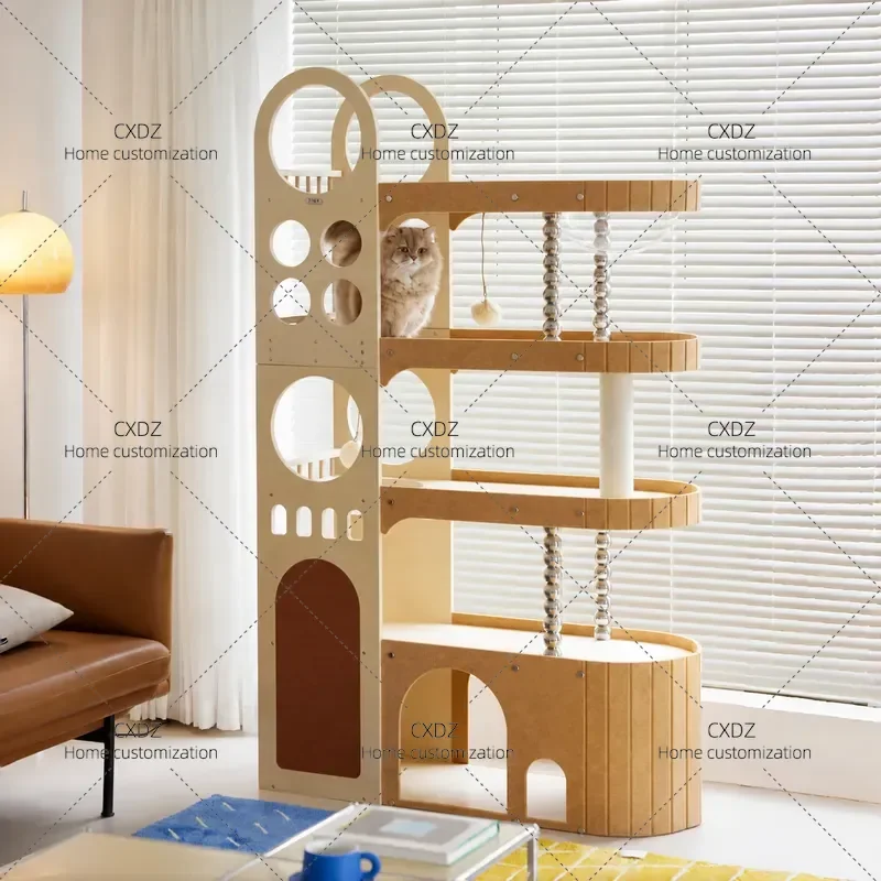 Sunset Island Multi Layer Solid Wood Cat Tree with Nest Integrated Large High End Climbing Frame for Multiple Cats