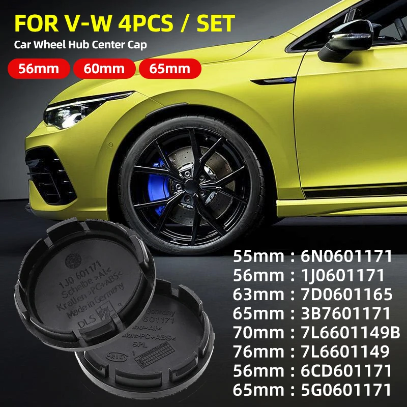 4pcs 56mm 60mm 65mm Car Wheel Center Hub Cap Badge For Volkswagen VW CC T-ROC Golf 4 5 6 7 Sharan 7N Passat B5 B6 B7 Tiguan R