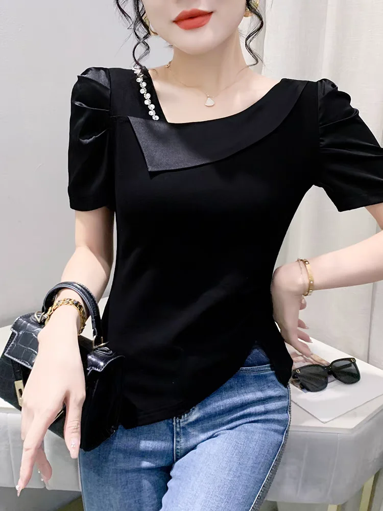 Skew Collar Cotton T-Shirt Women New Short Puff Sleeve T shirts Solid Color Tees Black White Folds Split Tops