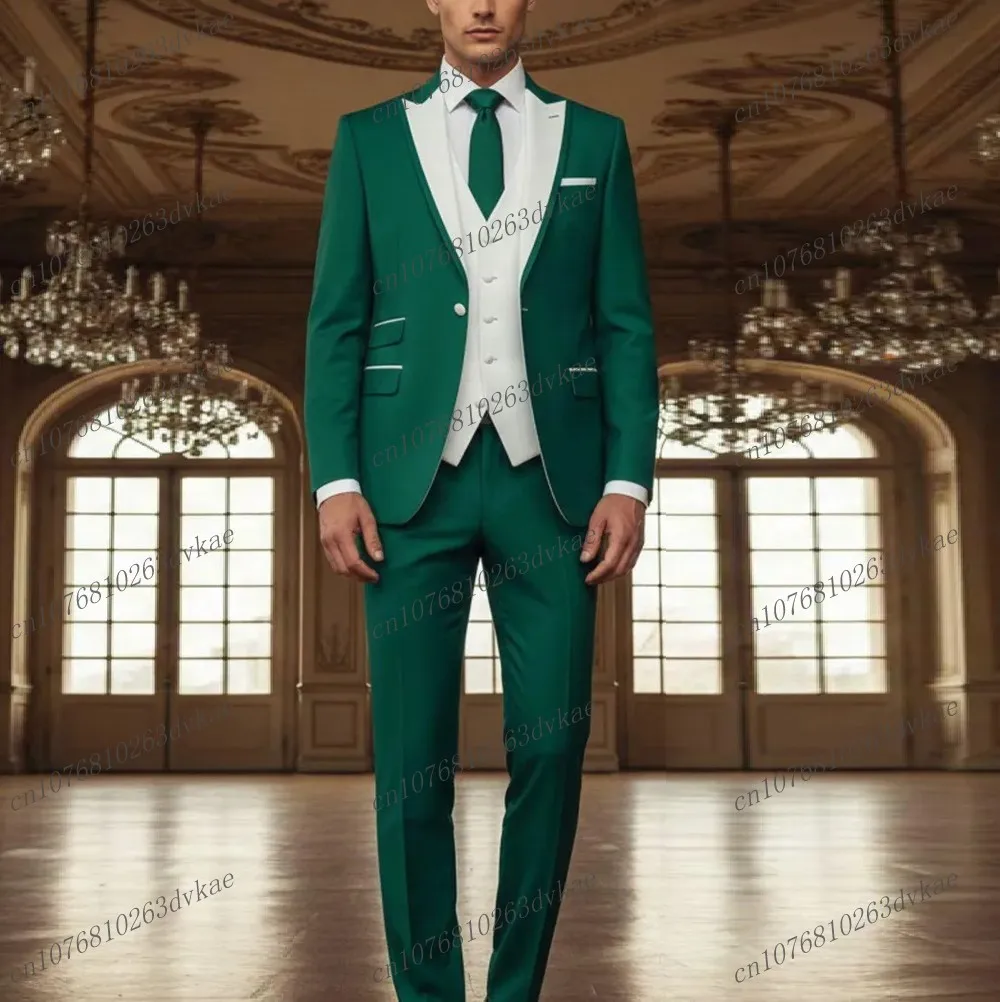 

White And Green Men Suit Wedding Party Formal Groom Groomsman Prom Business Male Tuxedos 3 Piece Set Jacket Vest Pants