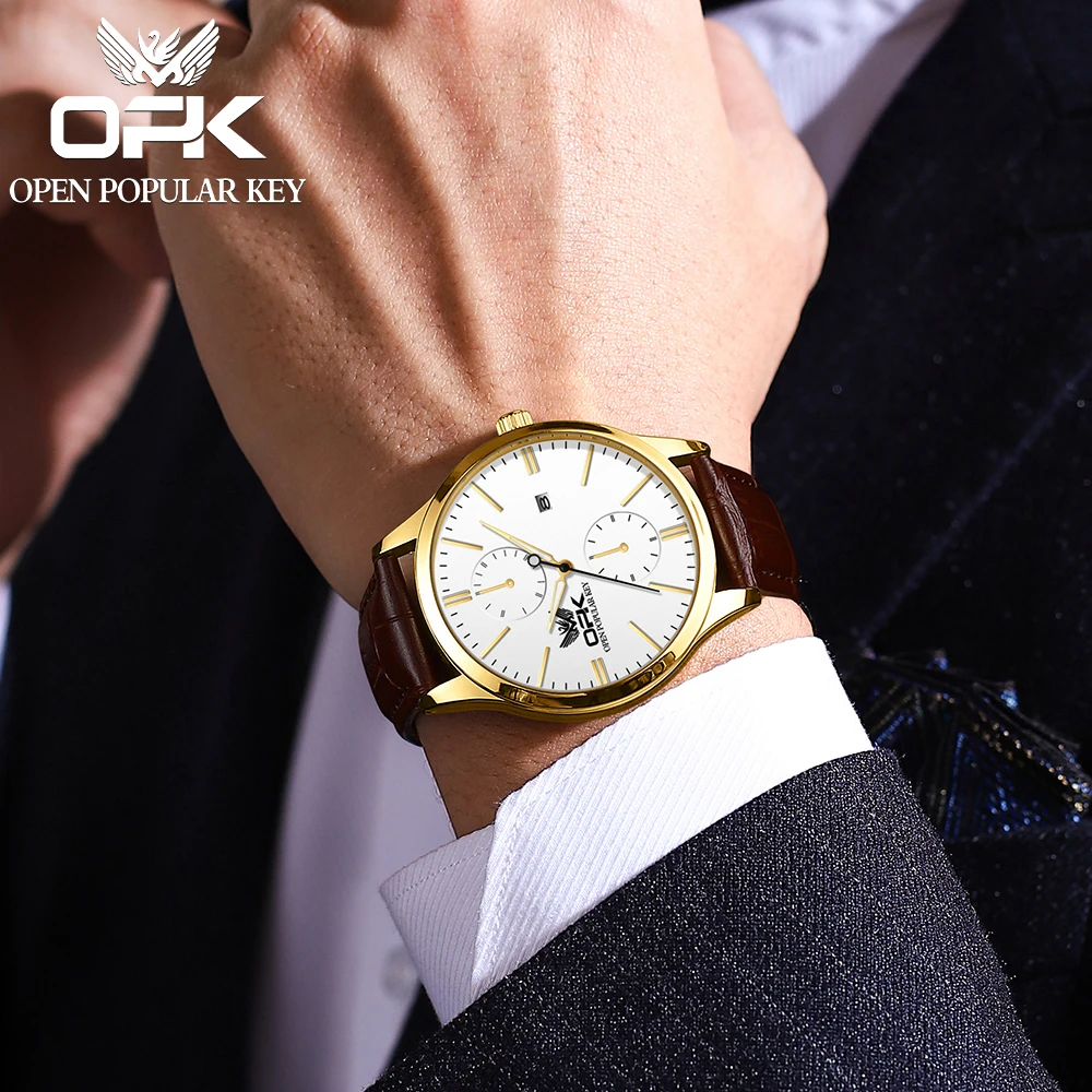 OPK Luxury Quartz Watch For Men Waterproof Calendar Luminous Leather Man Dress Wristwatch 41mm Big Dial Original Men's Watches