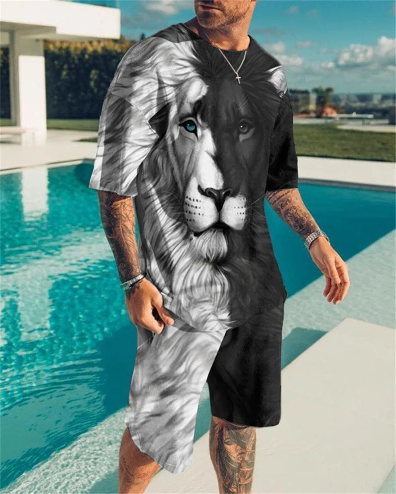 Verão Treino T-shirt Shorts 2 Peça Animal Tigre Impresso Outfits Terno Esportivo Oversized Casual Streetwear Homem Conjuntos Roupas