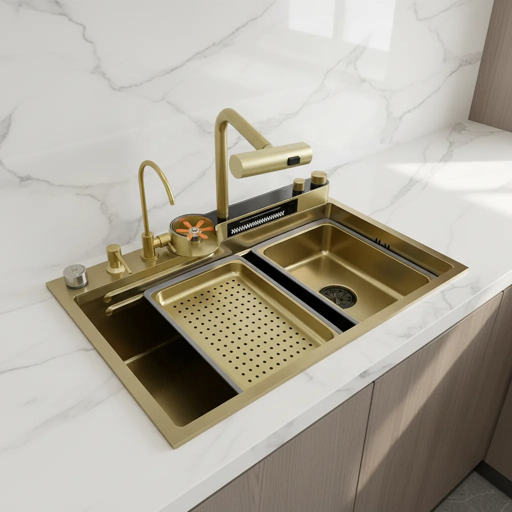 

75/80*46cm Luxury 304 Stainless Steel Nano Gold Kitchen Sink Set with Multifunctional Waterfall Rain Faucet Complete Accessories