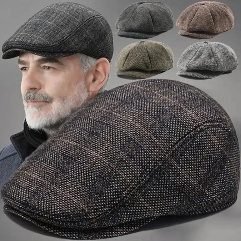 Herren Retro Baskenmütze Britische Hüte Wollmischung Vintage Fischgrät-Tweed Herren Lässige Mode-Mütze Flache Warme Mützen Geschenke