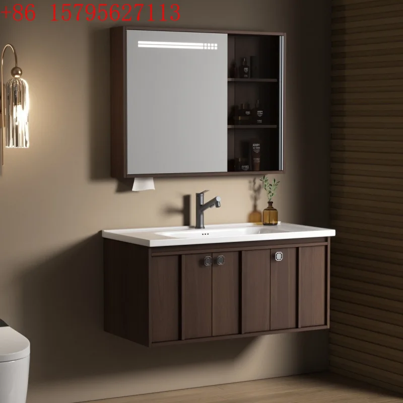 

New Chinese solid wood bathroom cabinet combination ceramic integrated basin toilet washstand hand washbasin cabinet