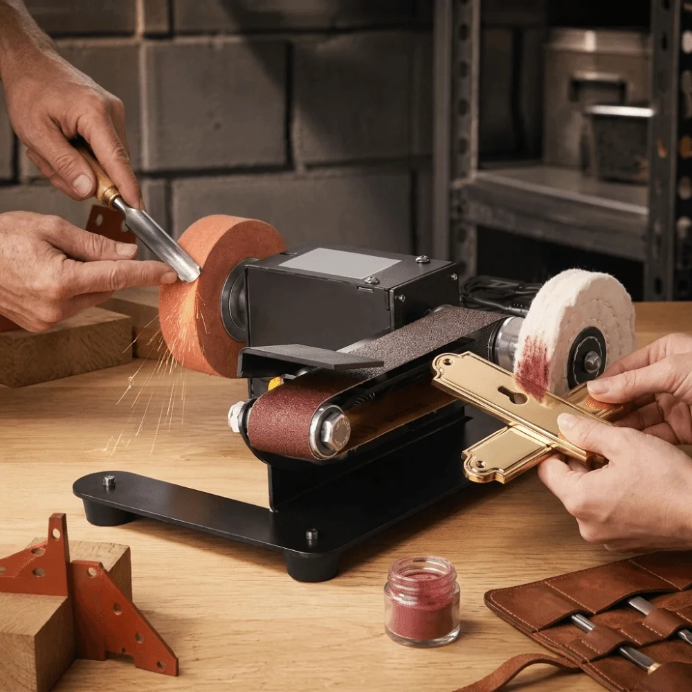 Multi Function Bench Grinder Adjustable Speed Metal Base Mini Electric Polishing Machine Sanding Belts Compact Body
