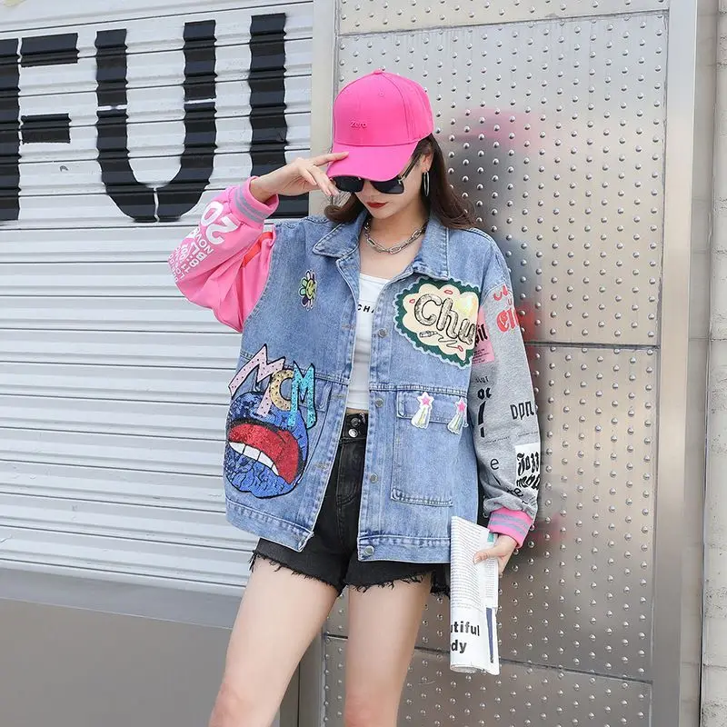 

New Denim Jacket Female Sequins Loose Casual Letter Printed Personalized Jeans Coat Women