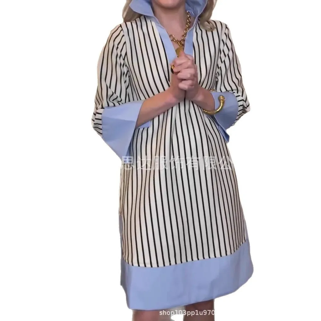 Fashionable Blue Collar Striped Patchwork Shirt Dress, Summer Fashion Casual Lapel Seven Quarter Sleeved Shirt Dress For Women