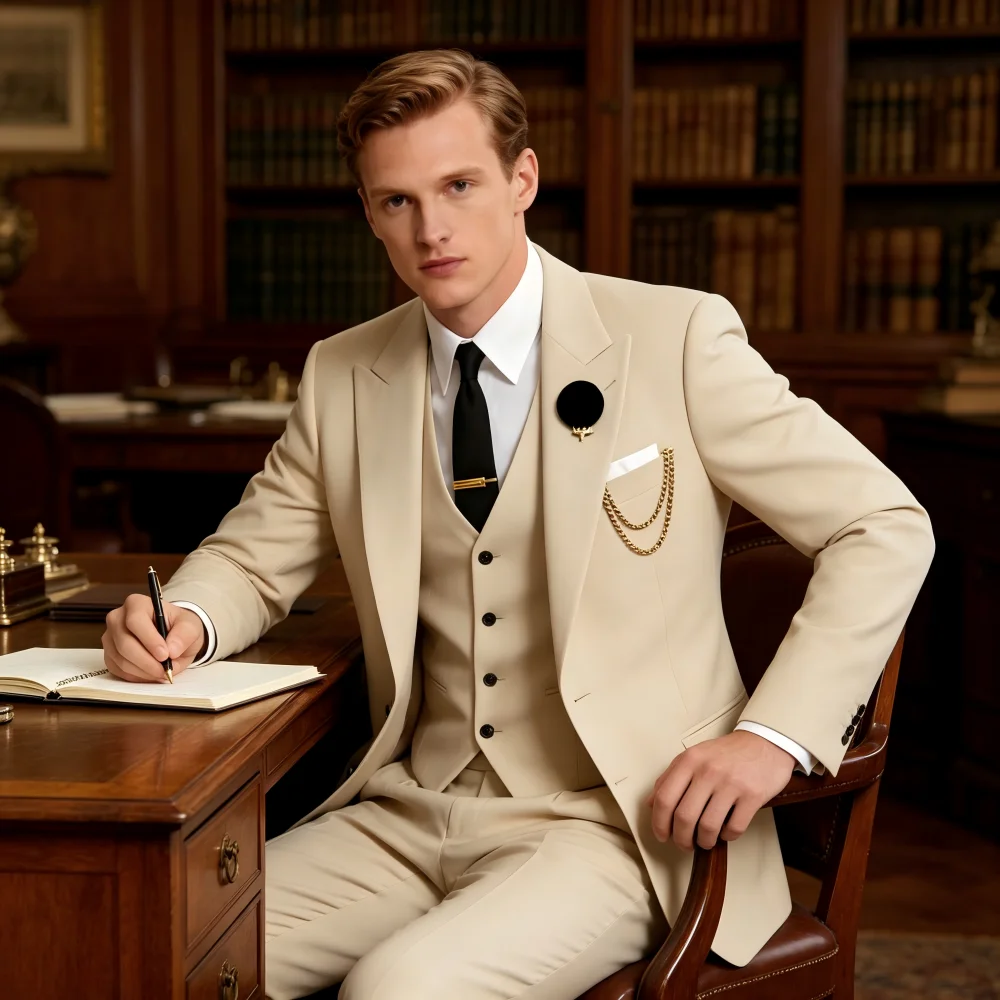 

Мужской костюм-тройка с черными лацканами, размер US, для торжественных мероприятий, деловых встреч и свадеб - комплект из пиджака, жилета и брюк