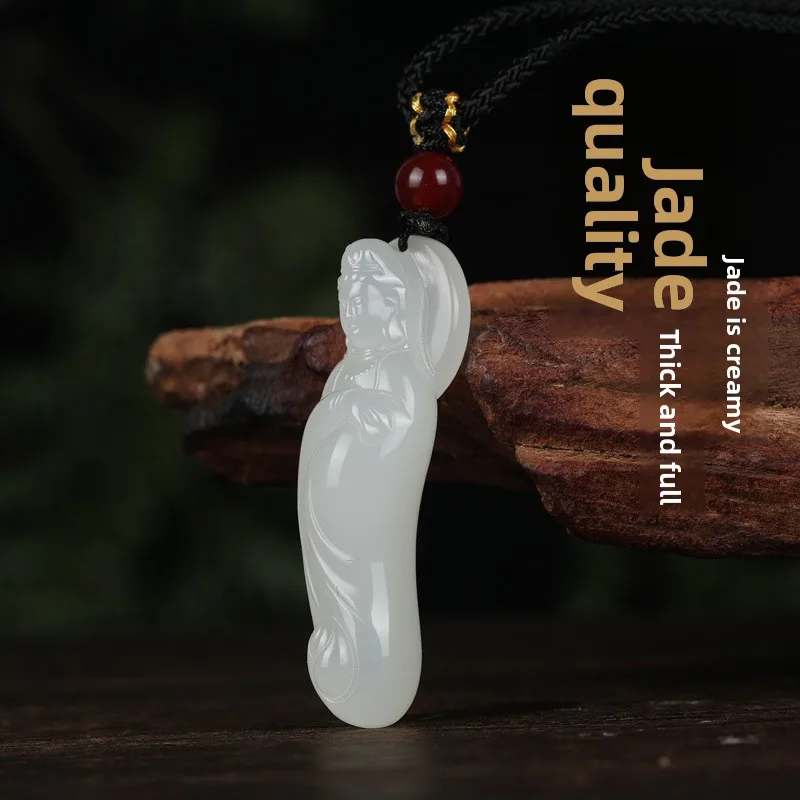 Chinese Style Feng Shui Natural White Hetian Jade 3d Carved Guanyin Pendant Necklace For Men Lucky Blessing Peace Protection Amu