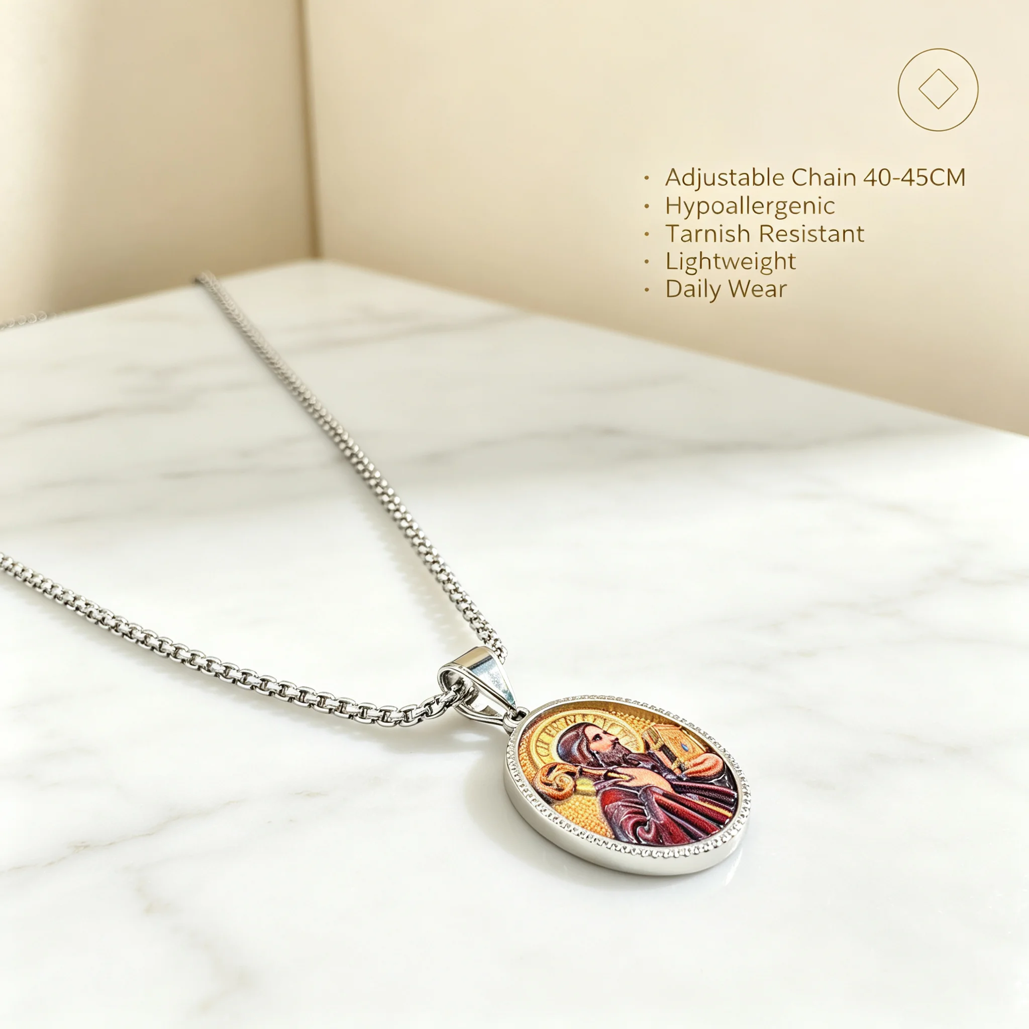 Vintage Saint Joseph Religious Oval Pendant Necklace Polished Metal Edge Box Chain Christian Belief Devotional Charm Neck