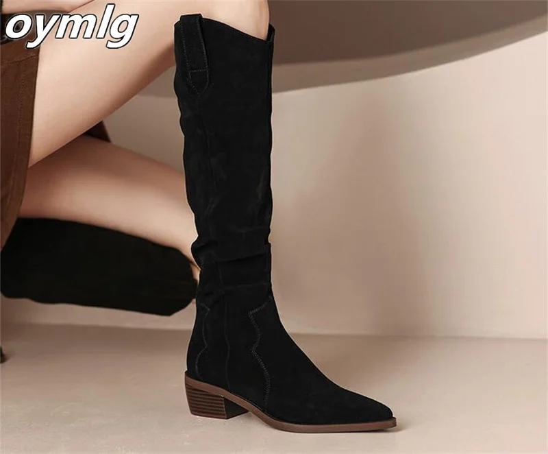 Knight Boots Women\'s 2023 Coarse Heels Autumn/Winter Western Boots High Sleeve Thin Retro Slim Wrinkle Stacked Boots Long Boots