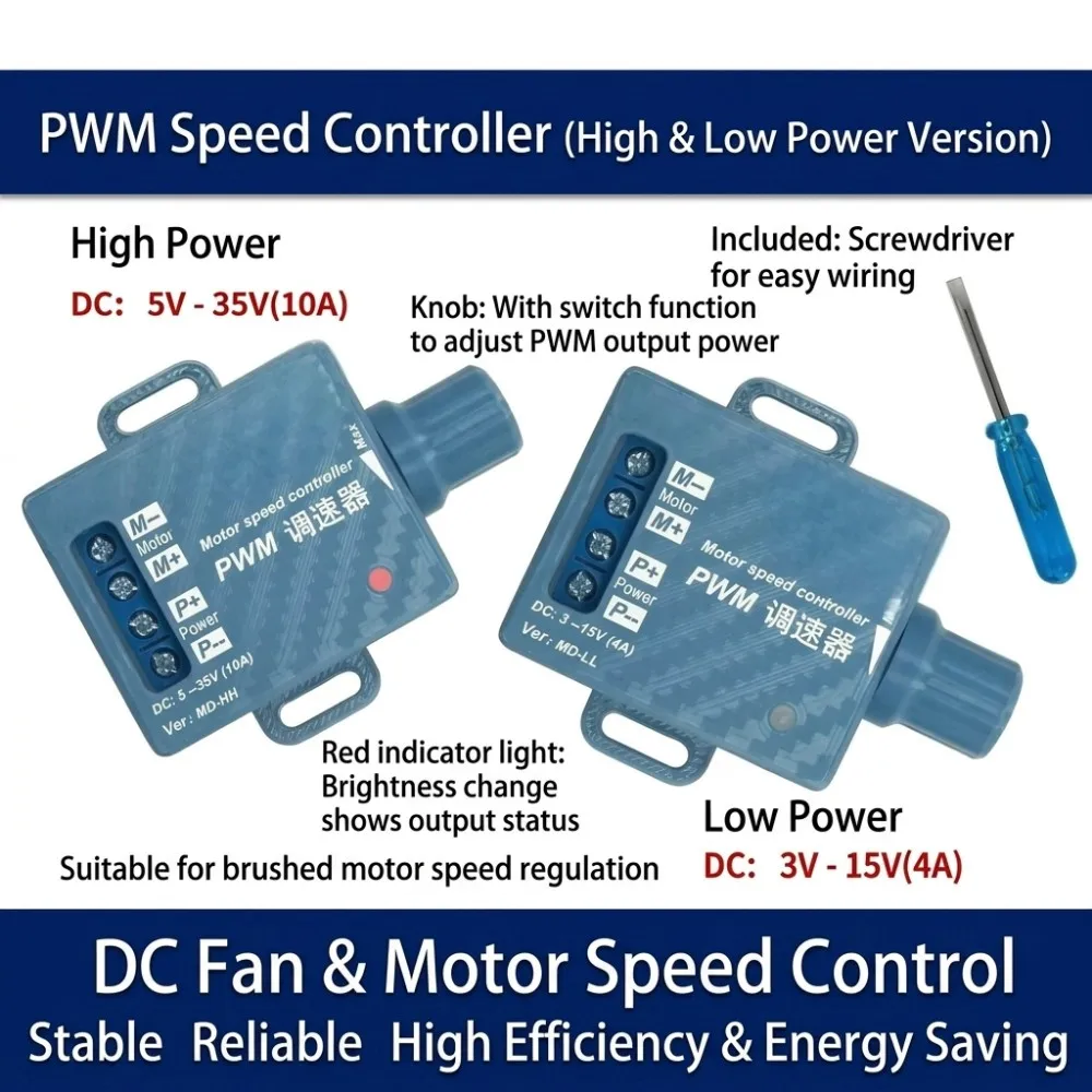 PWM DC Brushed Motor Speed Controller 3-15V 4A/5-35V 10A Knob With Switch 1-100% Duty Cycle 20KHz Reverse Connection Protection