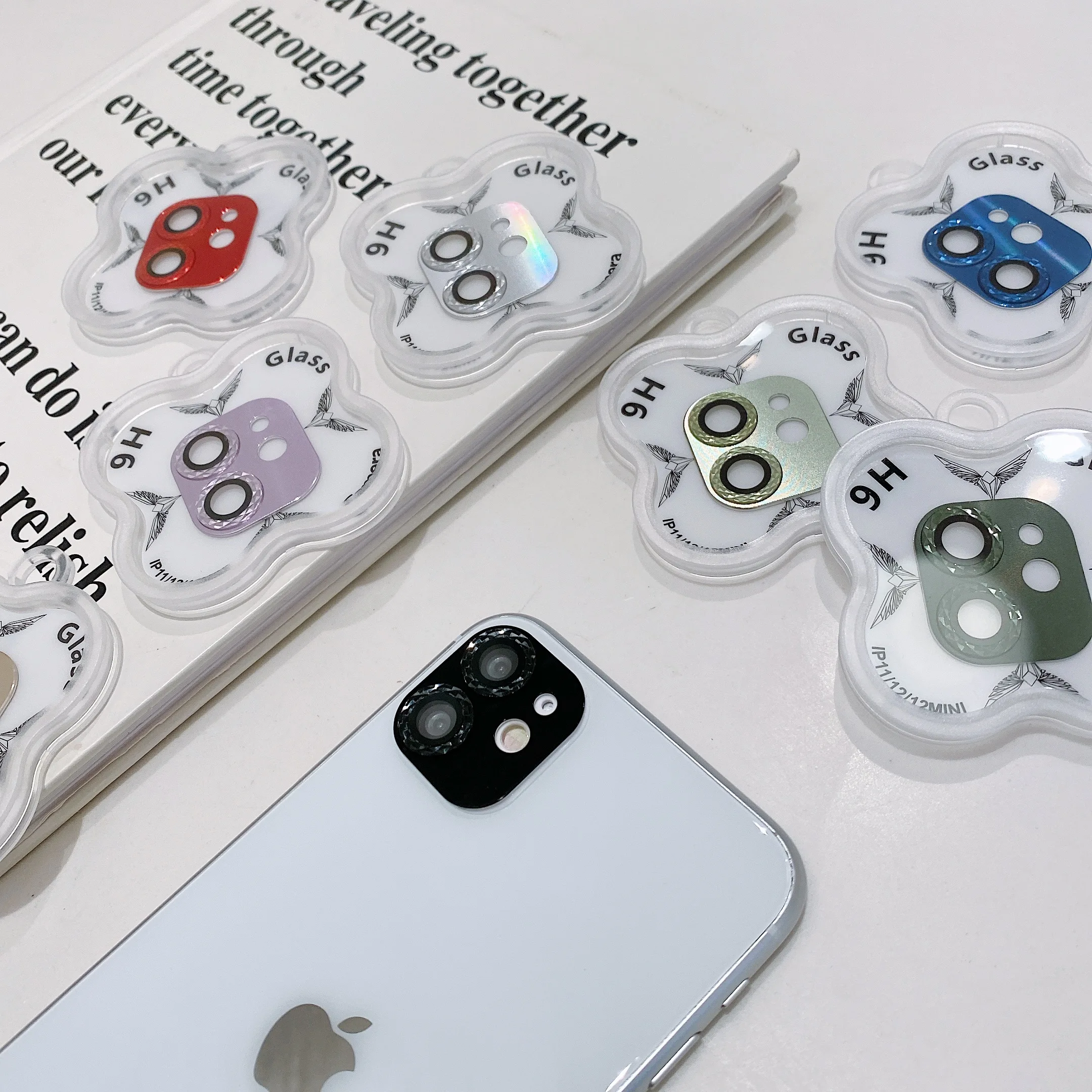 واقي شاشة من الزجاج المقسى ، غشاء تغطية ، 9 ساعة ، حلقة معدنية ، iPhone 11 ، 12 ، 13 ، 14 ، 15 Pro Max ، Mini ، 14 ، 15 Plus