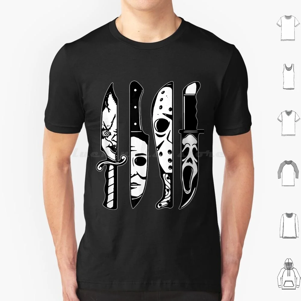 

Футболка с персонажами фильмов ужасов в ножах, 6xl, хлопковая крутая футболка, коллекционер фильмов ужасов на Хэллоуин, День ужасов, Хэллоуин