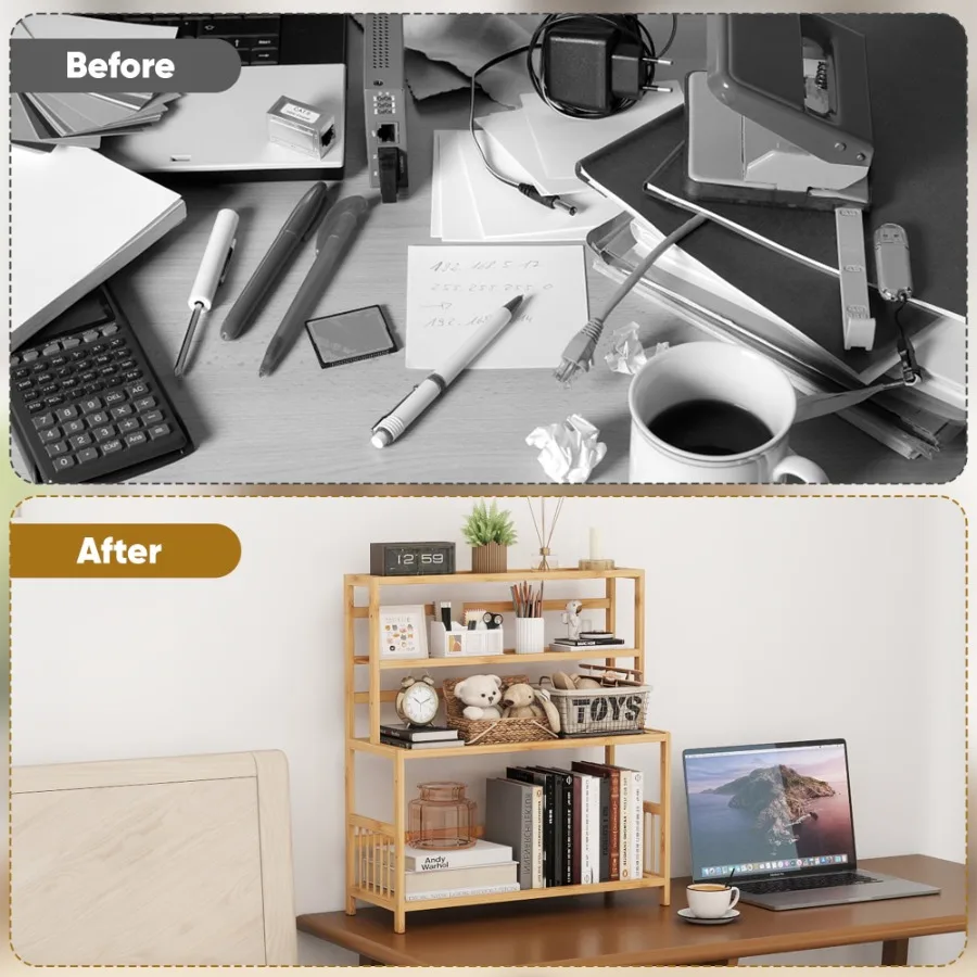 Rak Meja 4 Tingkat dari Bambu, Rak Buku Meja, Rak Meja untuk Atas Meja, Rak Meja untuk Rumah atau Kantor