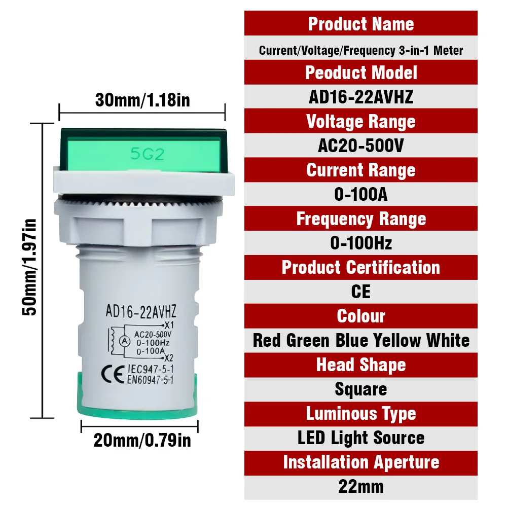 Square LED Digital Voltmeter Ammeter Hertz Meter AC20-500V Signal Lights Voltage Current Frequency Combo Meter Indicator Tester
