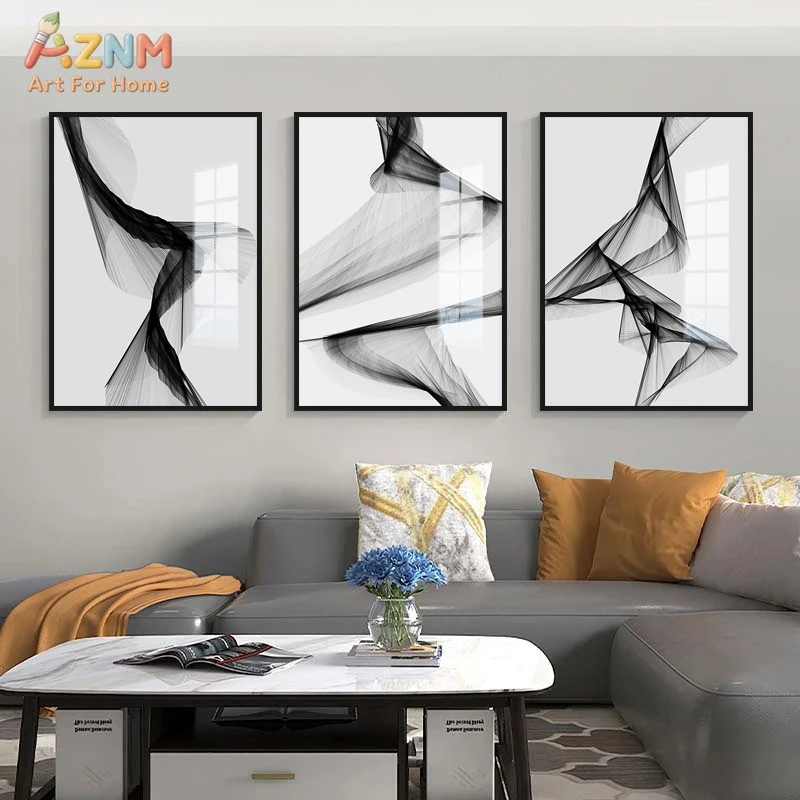 AZNM Minimalist Black White Flowing Ribbon Line Canvas Wall Art, Modern Abstract Smoke Wavy Geometric Art Unframed Print For Liv