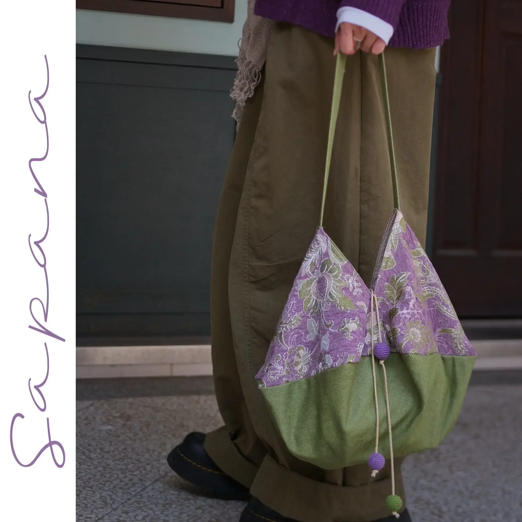 Retro Women's Fruit Green Contrast Octagon Shoulder Bag Floral Cottagecore Retro Jacquard Patchwork Tote Handbag Spring Summer