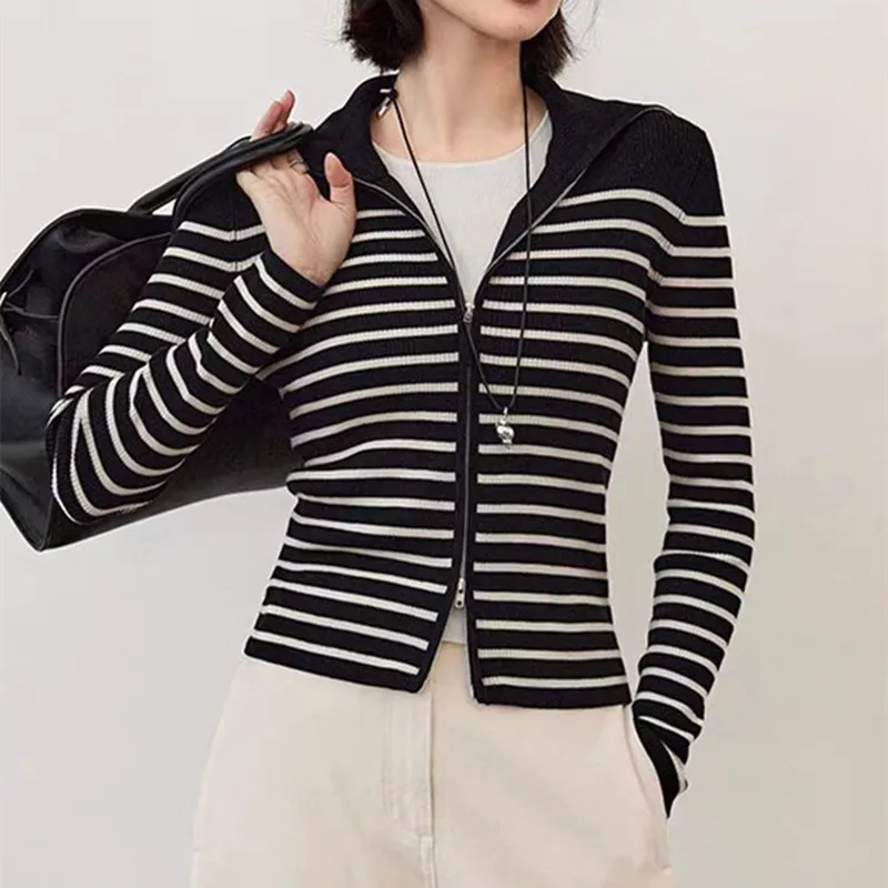 Wool Knitted Cardigan Women Long Sleeve Striped Elastic Zipper Lapel Top