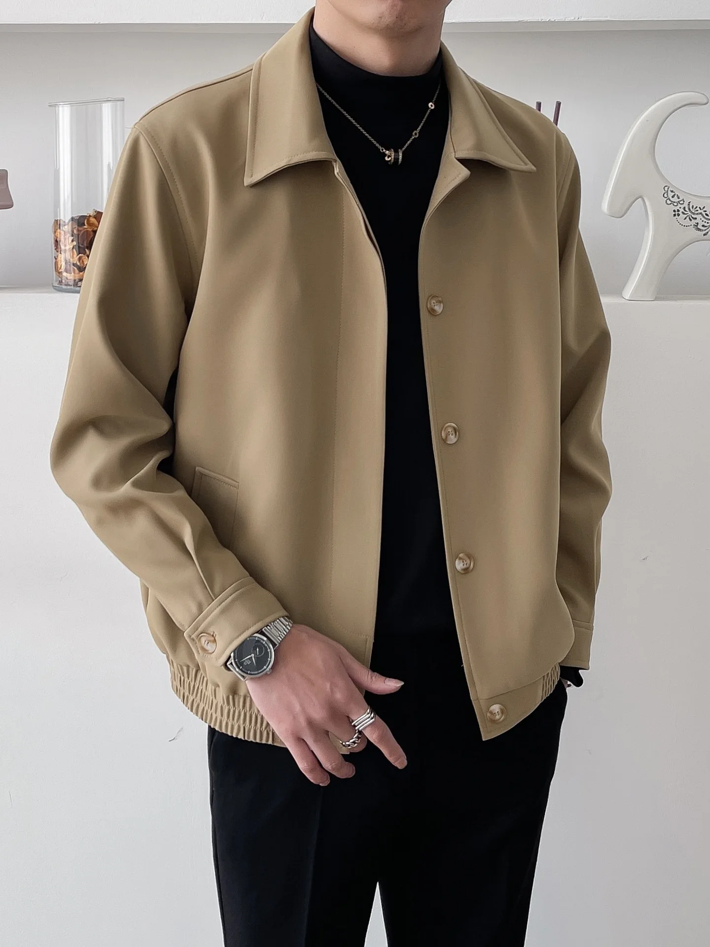 Men's Solid Color Lapel Casual Trendy Versatile Slim Fit Commute Simple Ribbed Texture Single Breasted Daily Wear Advanced Coat
