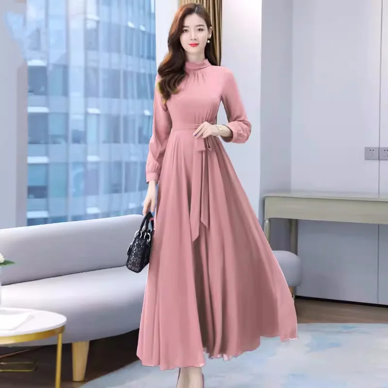 

YGN#Chiffon Dress Large Women's 2024 New Spring and Autumn New High end Mom's Long Dress Cheap Wholesale Green Wine Red Pink