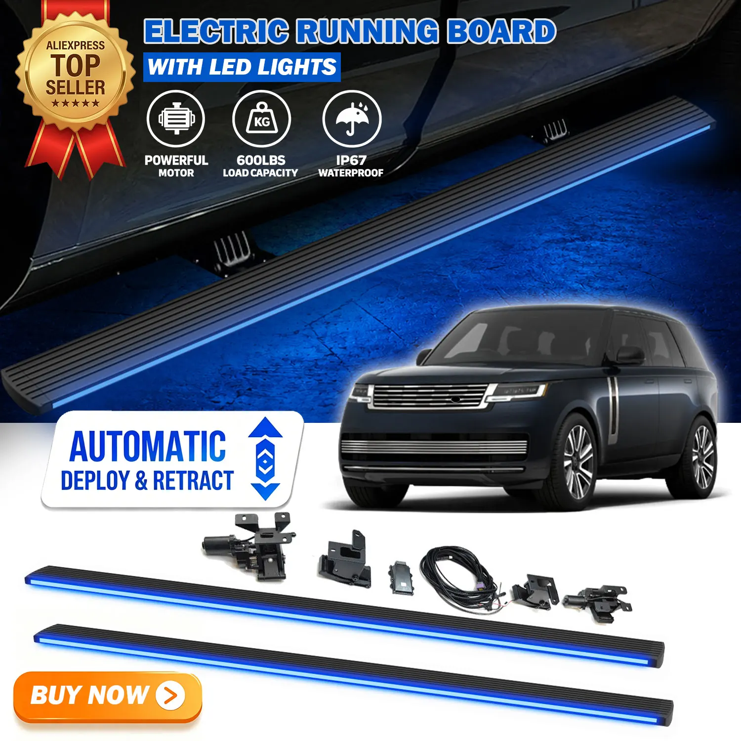 Fits LR Range Rover LWB L460 2023-2026 Deployable Power Electric Running Boards with LED Light Strips Side Step Nerf Bars