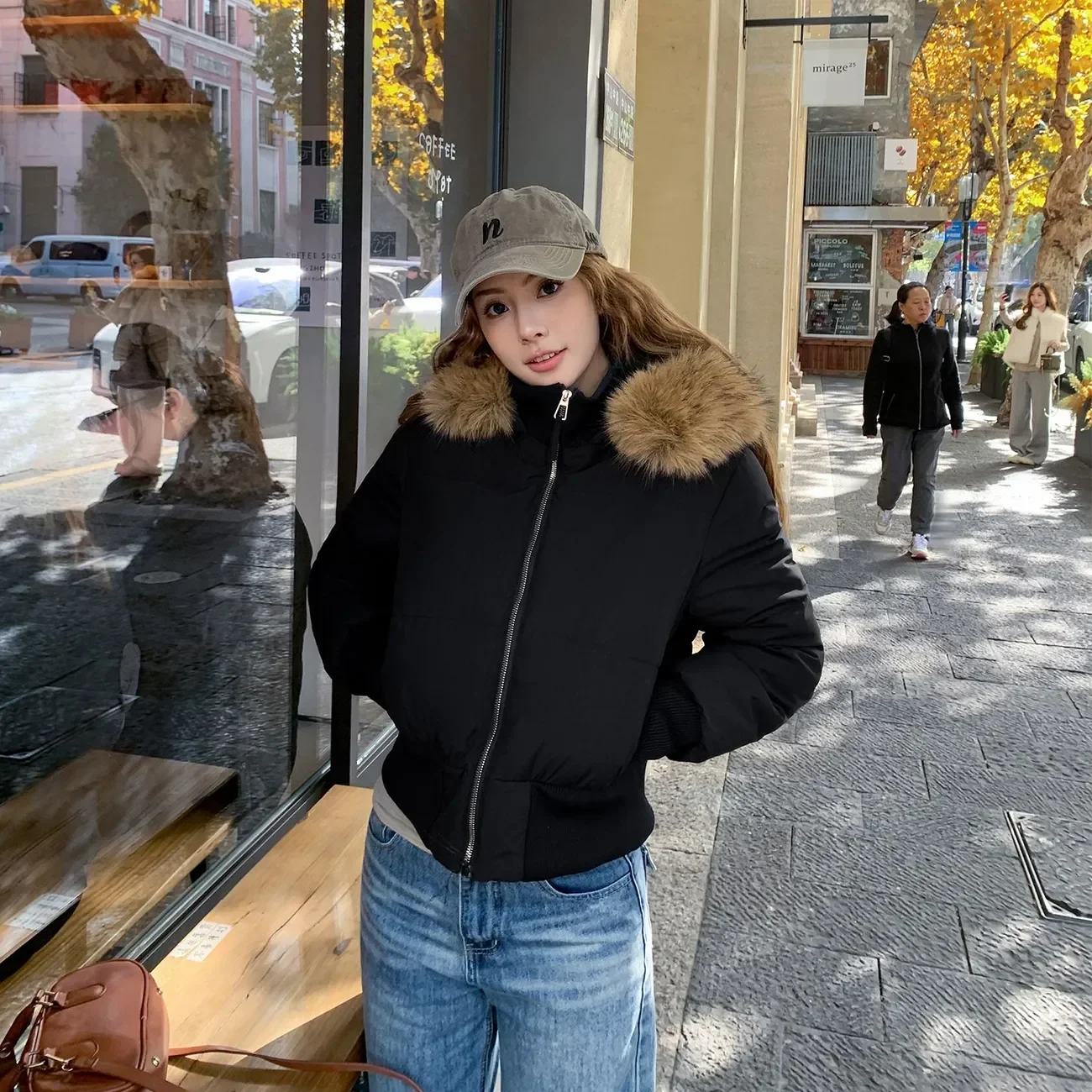 retro vintage pink and green plush lining autumn and winter fur collar hooded zipper slim jacket Women's short top American Y2K