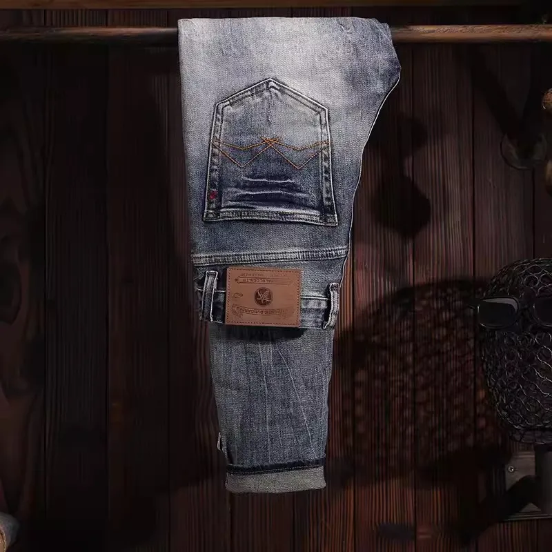 مصمم أزياء جديدة الجينز غسلها الأزرق غسلها الحنين تمتد سليم صالح الرجعية الجينز الهيب هوب الرجعية مستقيم الساق السراويل hombre #4