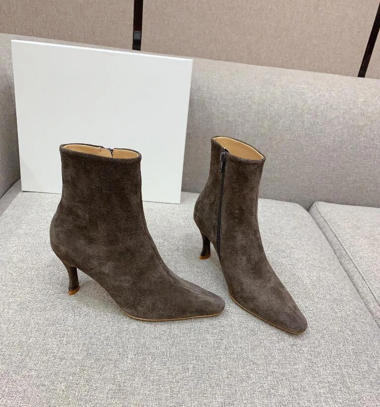 2024 Spring Ankle Short Boots Chic Fashion Side Zip Cow Suede Genuine Leather All Match Elegant Fashion Thin Heel Nude Bota