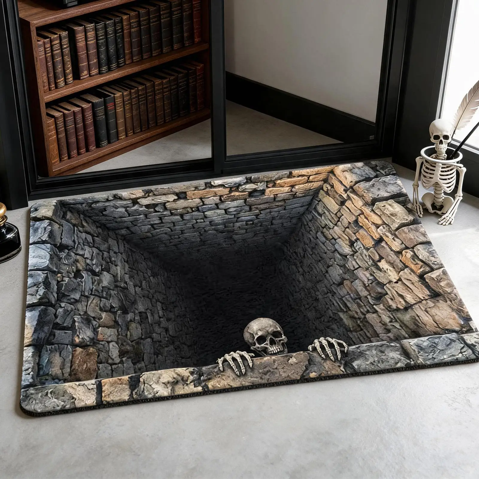 Halloween Mat Outdoor Scary Realistic Skull Optical Illusion Hole Halloween Front Door Mat Area Rug for Indoor Home Bathroom